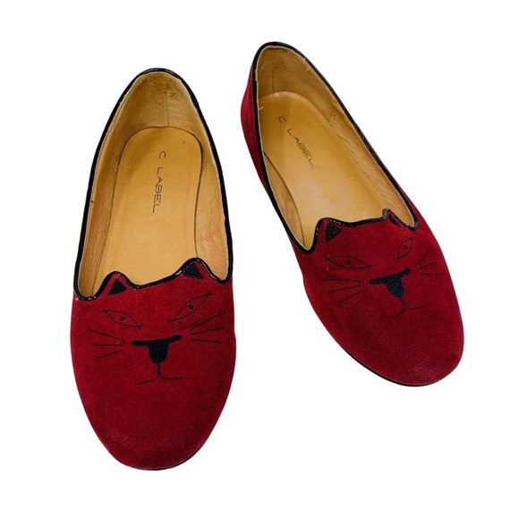 C Label Shoes - C Label Cat Face Loafer Flats Burgundy Red Faux Suede Women's Shoes 9